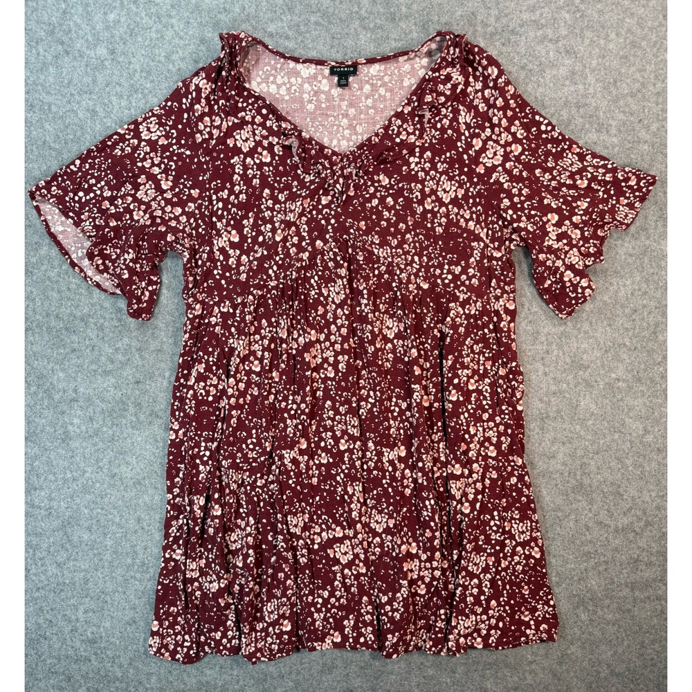 Torrid Burgundy Leopardโ Print Babydoll Tunic Top V-Neck Flutter Sleeve Womens 1